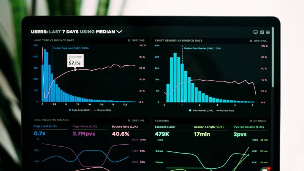 A laptop with a data analytics program shown on its display