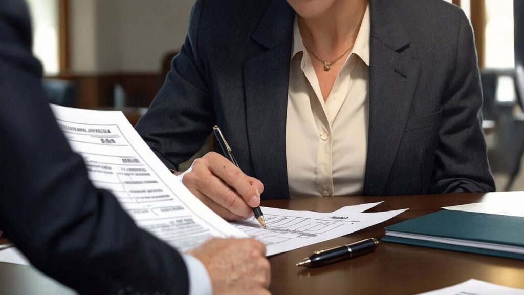 A woman wearing a suit signing an important document