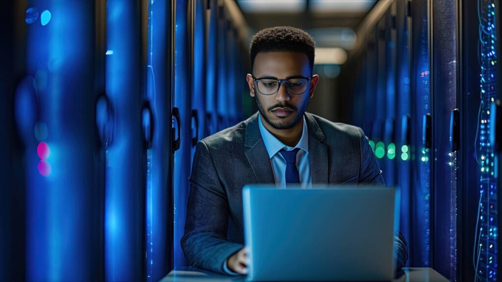 A man wearing a suit using a laptop to diagnose servers in the server room 