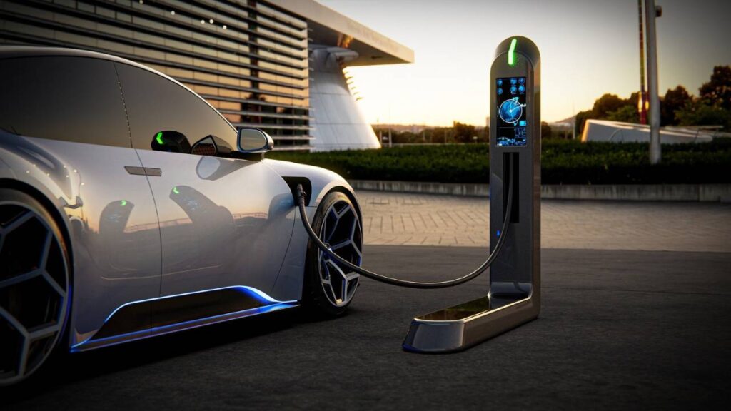 An electric automobile at the charging station 